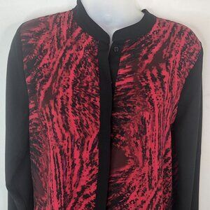 Cato Women's Blouse Size Small Hidden Button Front Tunic Red Black Band Collar